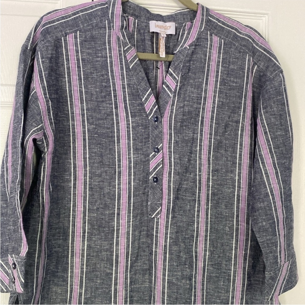 Laundry by Shelli Segal Linen Blend Shirt Top Gray Pink V Neck New size Small - Picture 3 of 11